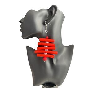 Faux Pearl Decor Rubber Dangle Earrings Boho Goth Style PU Leather.